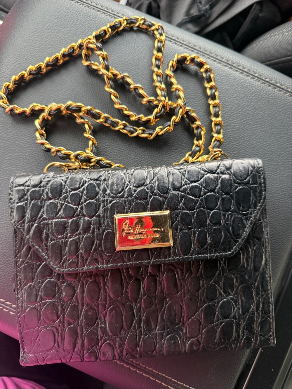Fred Hayman Black Croc-Embossed Chain Shoulder Bag with Gold Hardware